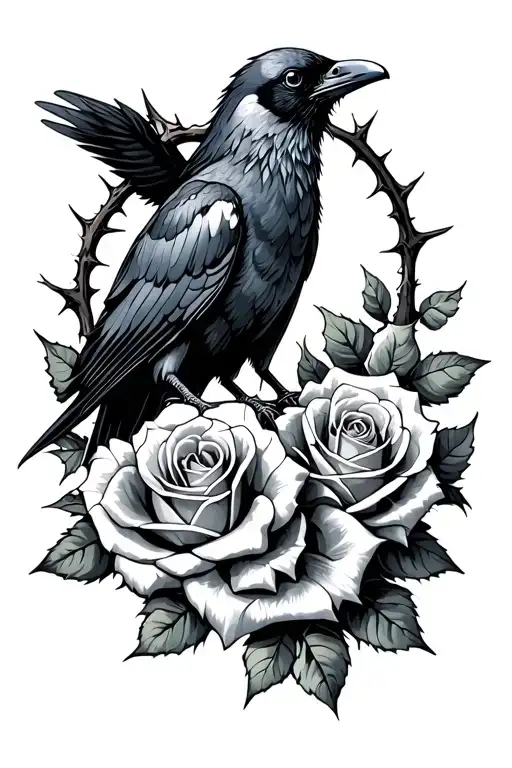 Crow Surrounded By Roses With Thorns