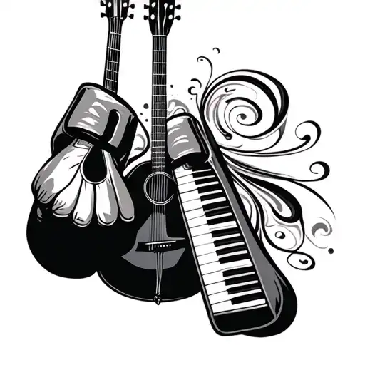Boxing Gloves Hanging With Acoustic Guitar And Swirly Piano