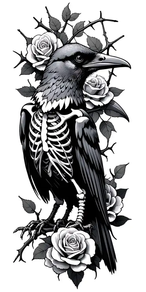 Crow Skeleton Surrounded By Roses And Thorns