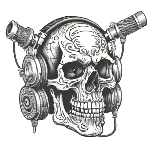 A Skull With Dental Implants Listening To Music On Headphones