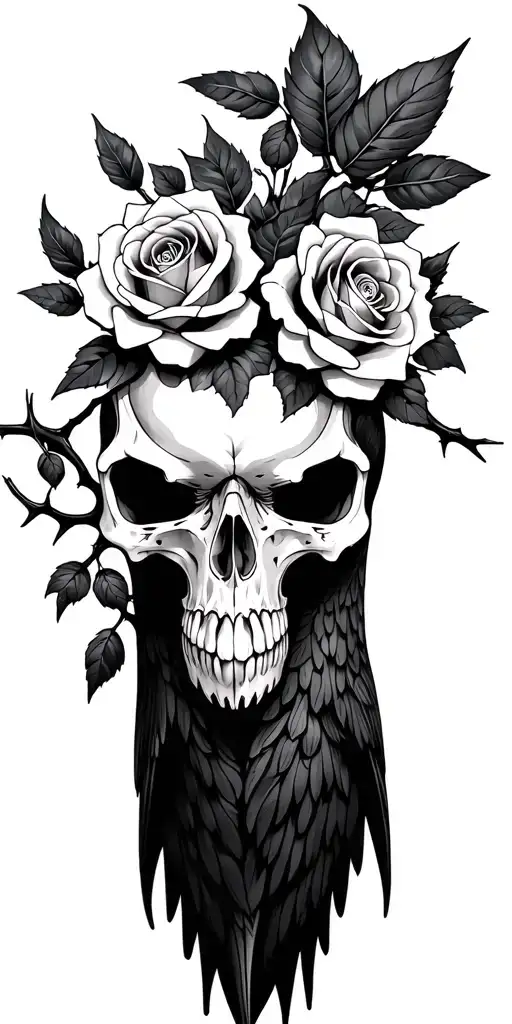 Crow Skull Surrounded By Roses And Thorns