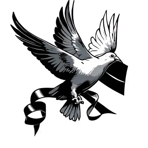 A Dove Flying Holding A Ribbon From His Feet