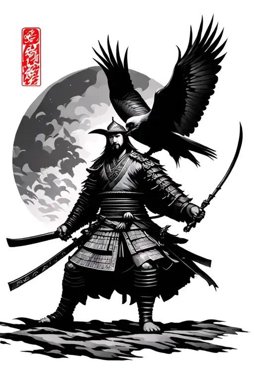 Samurai With Crow Flying