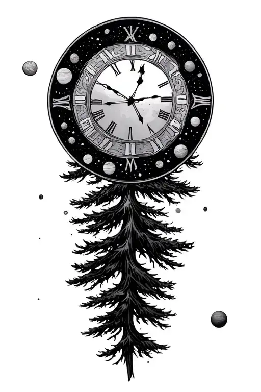 Clock Fine Line Hex Compads Pine Trees Planets