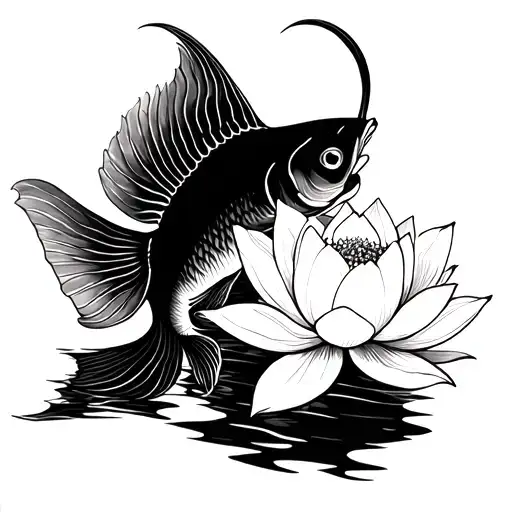 A Fish And A White Lotus With Just One Line