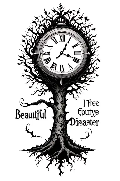 Clock Tattoo With Tree And A Word Saying Beautiful Disaster