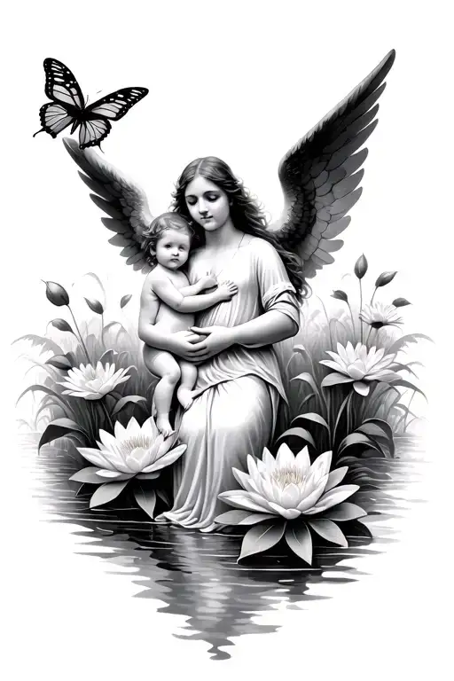 Angel Holding A Baby In A Field Of Waterlily And Butterfly