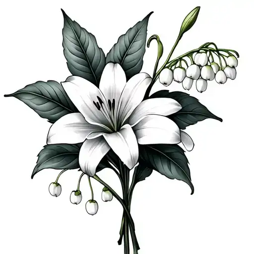 Lys Flowers And Lily Of The Valley With Leaves