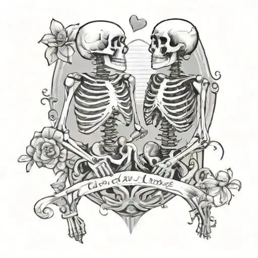 Male And Female Skeleton Couple In Love At Beach Hearts