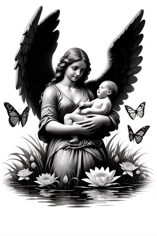 Angel Holding A Baby In A Field Of Waterlily And Butterflies To Represent Miscarriage