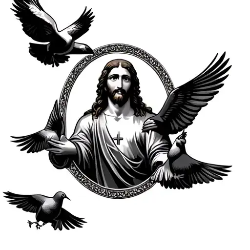 Small Christian Tattoo Jesus And Pigeons In Oval Frame