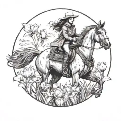A Dotwork Design Of A Cowgirl Riding A Horse Through A Field Of Tulips