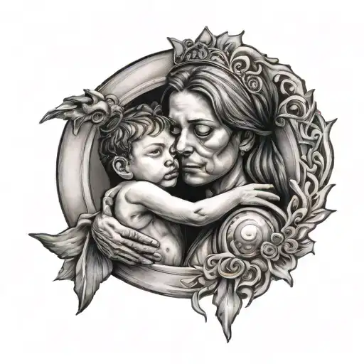 A Portrait Of A Mother And Child With A Halo Of Protective Symbols Around Them