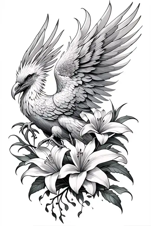 Phoenix With Lily Flowers Going Down The Hip