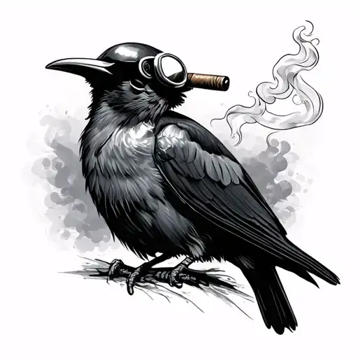 Magpie Wearing Aviation Goggles Smoking Cigar Smoking Skeleton Man