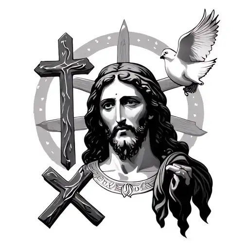 Jesus Portrait With 3 Crosses And A Dove