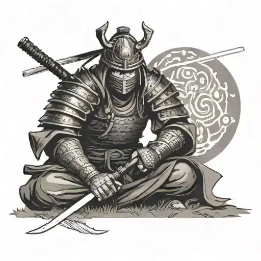 Samurai With Full Armor Sitting On A Field And Holding The Katana In Front Of His Face