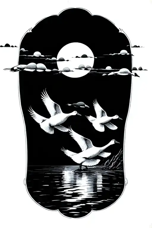 5 Geese Flying Towards The Sun