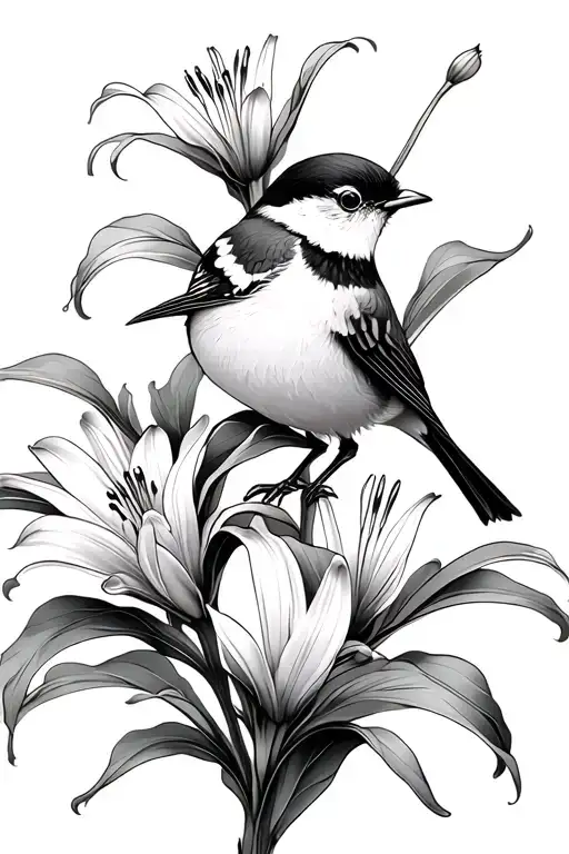 Lily Flowers With Small Lark Bird