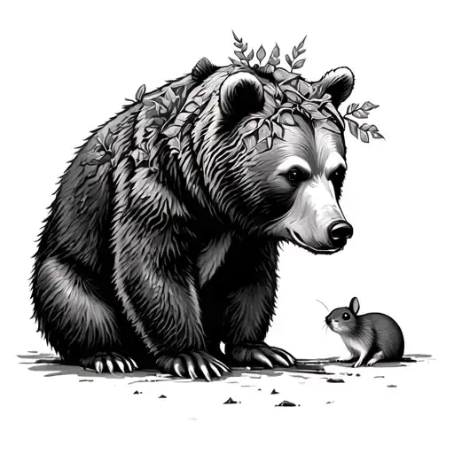 The Bear Leaves The Dense Forest On His Head Sits A Small Mouse And Shows The Way