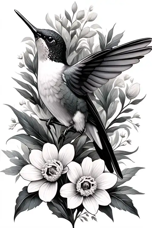 Hummingbird And Flowers Narcissus Aster Marigold