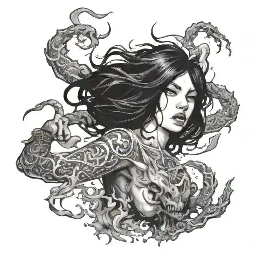 Girl With Black Hair Battling Demons Reaching