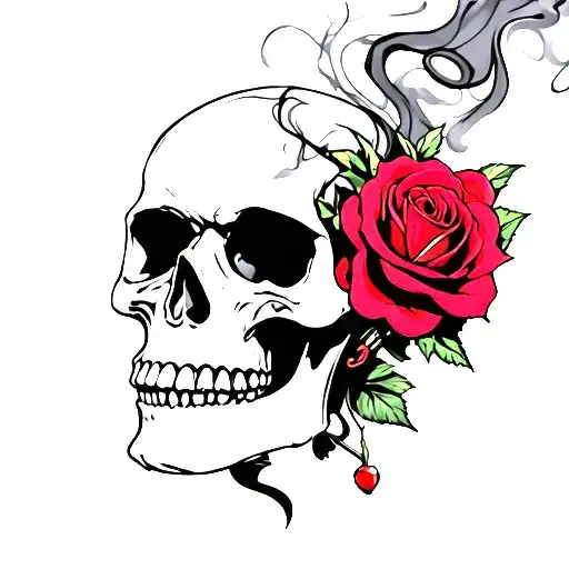 Black And Gray Skull Red Rose Smoke Swirling