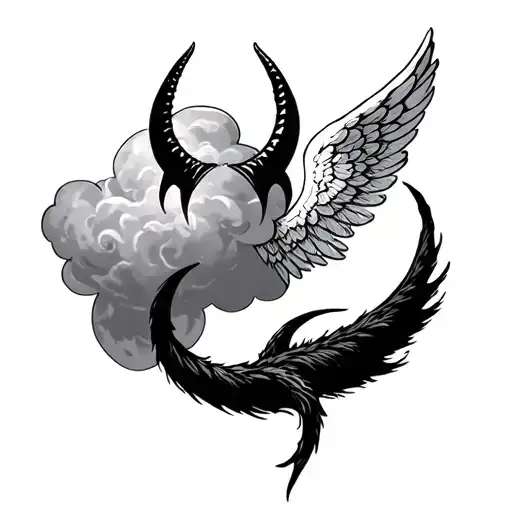 Minimalistic Devil Horns And Tail Next To Halo And Angel Wings Next To Scribble Cloud