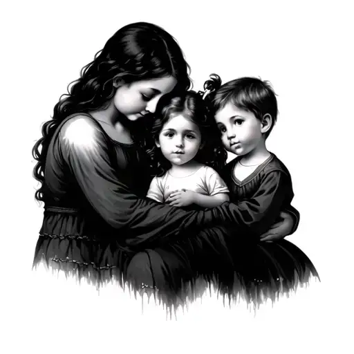 Mother Holding Two Boys And One Girl