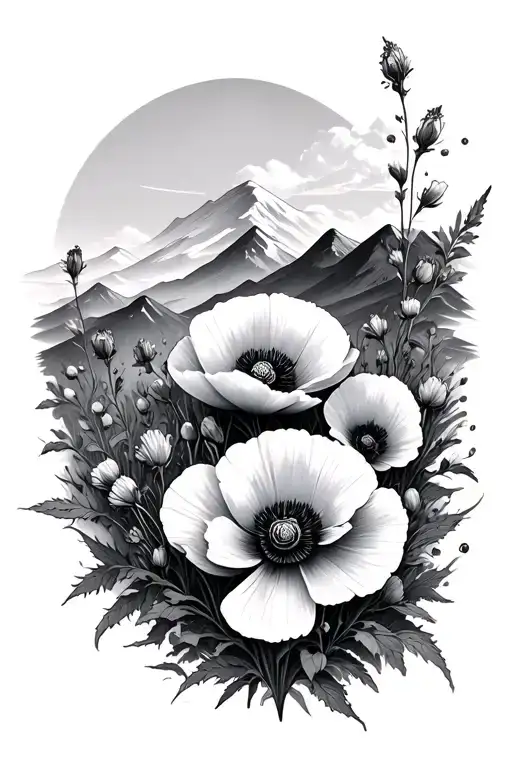 Scottish Mountains With Small Poppy Flowers