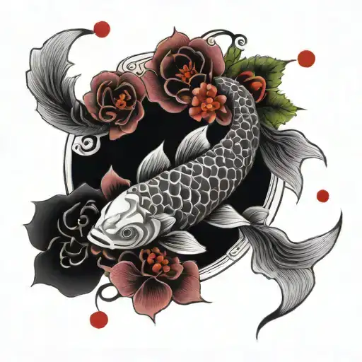 Red And Black Koi Fish Yin Yang Sund And Moon With Flowers Blooming