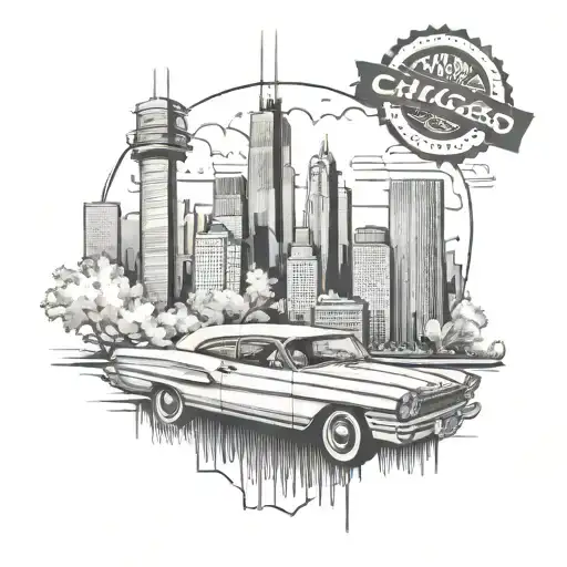 Create A Sleek And Modern Chicago Skyline Tattoo With Vintage Cars Driving Through The Streets