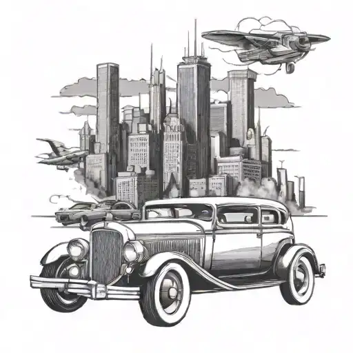Create A Sleek And Modern Chicago Skyline Tattoo With Vintage Cars Driving Through The Streets