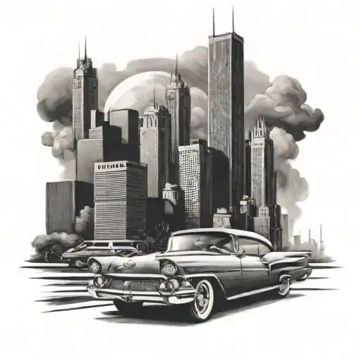 Create A Sleek And Modern Chicago Skyline Tattoo With Vintage Cars Driving Through The Streets