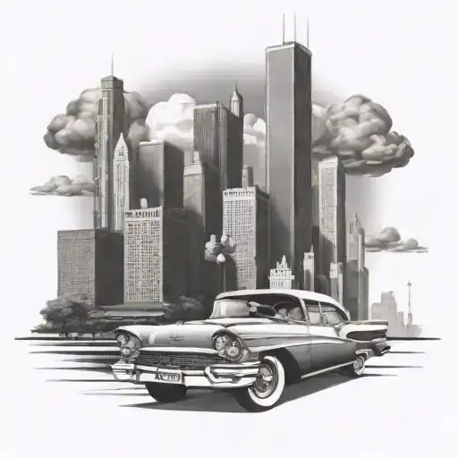 Create A Sleek And Modern Chicago Skyline Tattoo With Vintage Cars Driving Through The Streets