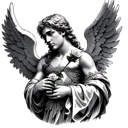 A Costumed Angel With Metallic Angel Wings Holding A Rose In His Hand