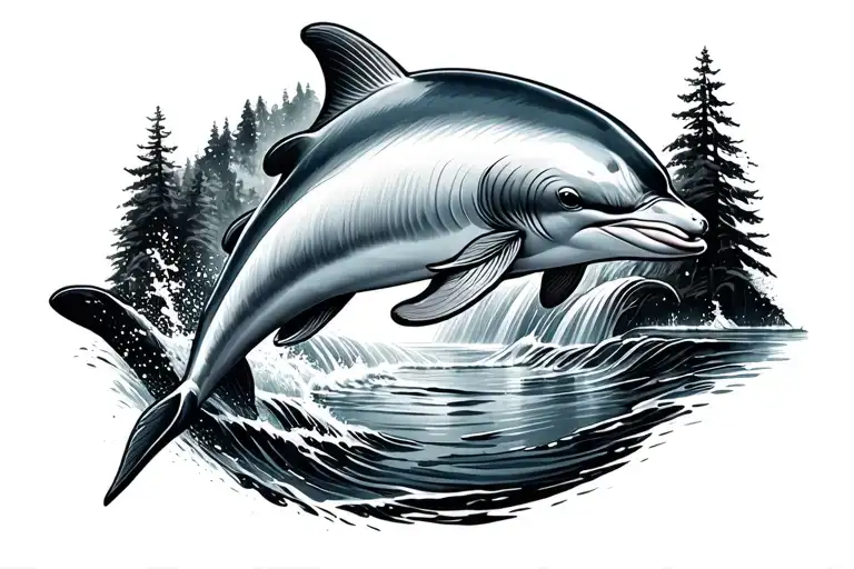 Dolphin Jumping Salmon In Waterfall