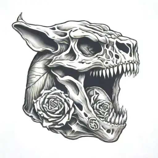 A Cat Skull With Dinosaur Skull Motifs And The Number 57 Hidden Within The Design