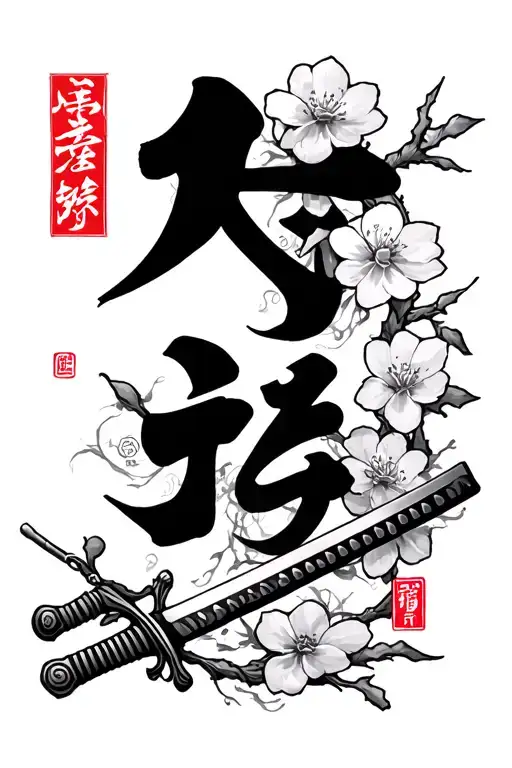 Kanji Characters With Katana Sword And Cherry Blossom