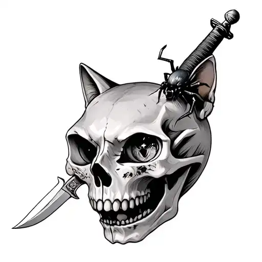 Cat Skull With Kunai Knife And Spider In Eye Socket