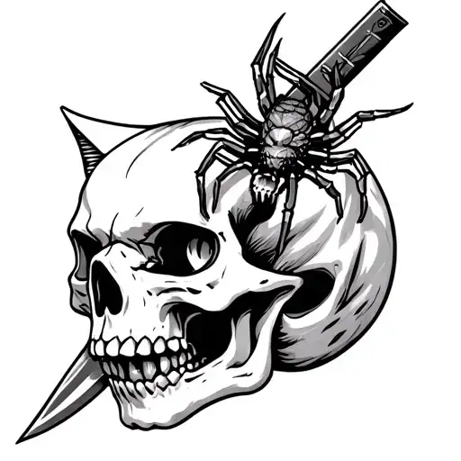 Cat Skull With Kunai Knife Through Top Of Skull And Spider In Eye Socket
