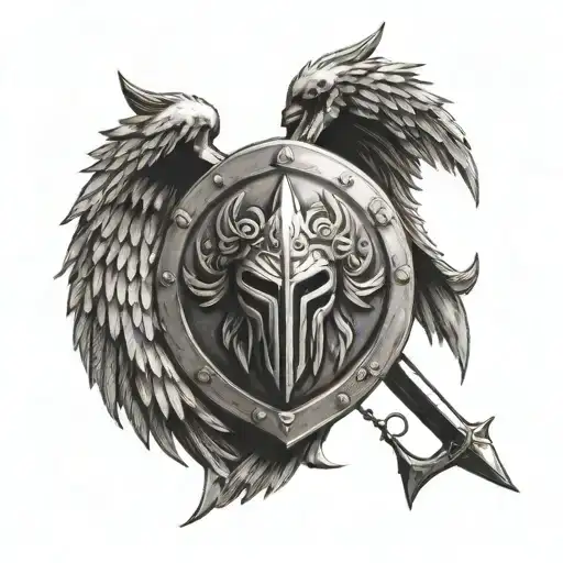 Spartan Shield With Two Swords And Angle Wings