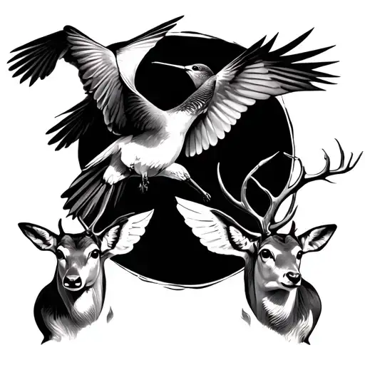 Dove And Hummingbird Flying Around With Deer Underneath Them