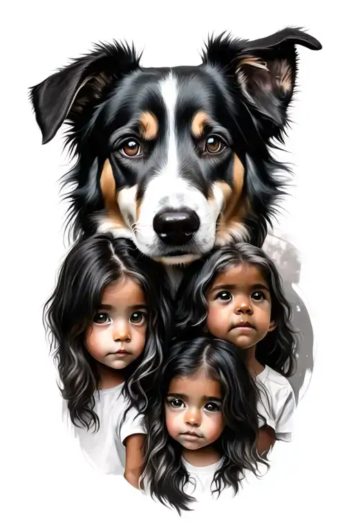 Dog Sillohuet With Three Kids And Two Adults