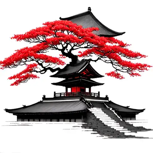 Black Japanese Temple Red Cherry Tree