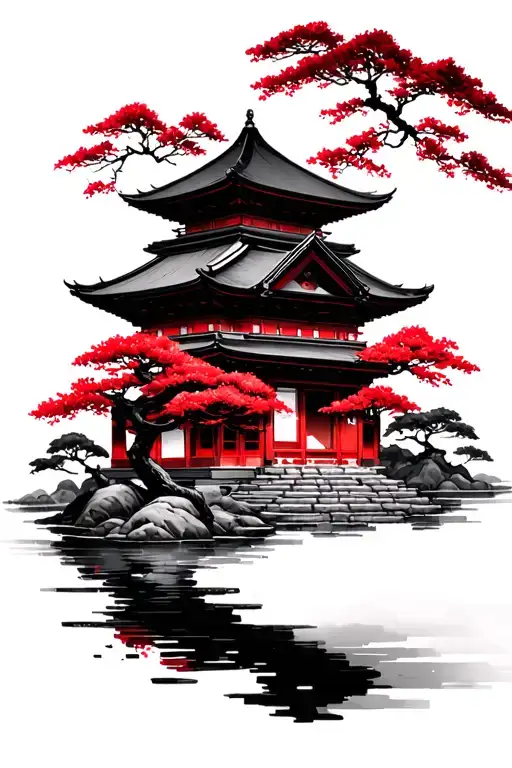 Black Japanese Temple Red Cherry Tree