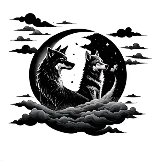 Dark Clouds With A Moon And Wolf Holing To Moon