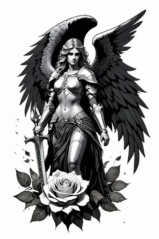 Armor Angel Full Body With Sword With Wings Over Rose