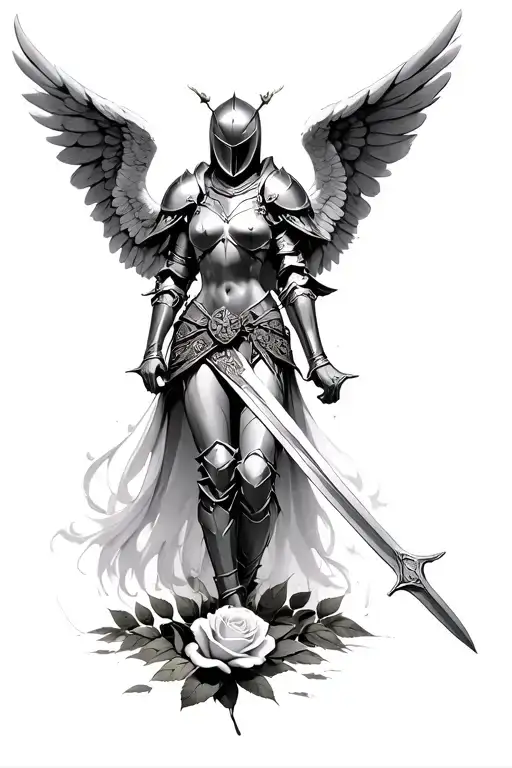 Armor Angel Full Body And Masked Helmet Body With Sword With Wings Over A Rose In The Ground