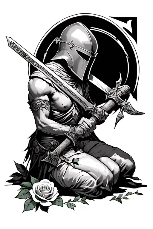 Fullybody Angle With Valkaryee Helmet Holding A Sword Kneeling Over A Rose In The Ground